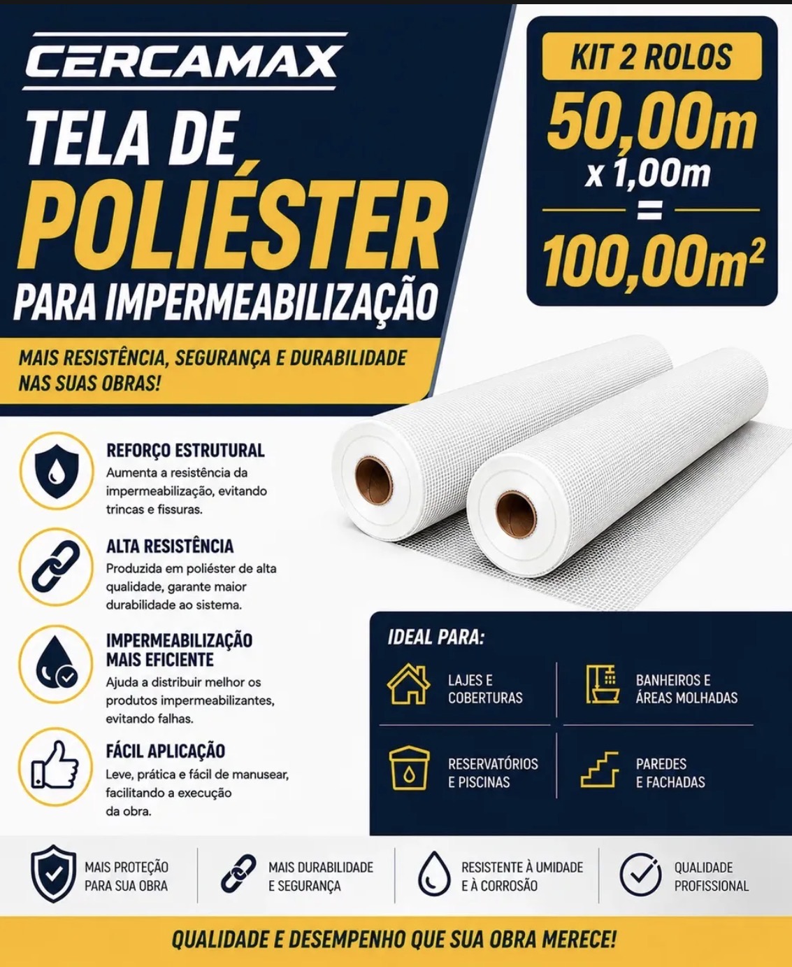 Kit 2 Rolos Tela Poliéster Impermeabilização 100mx1m = 100m2 — imagem 3