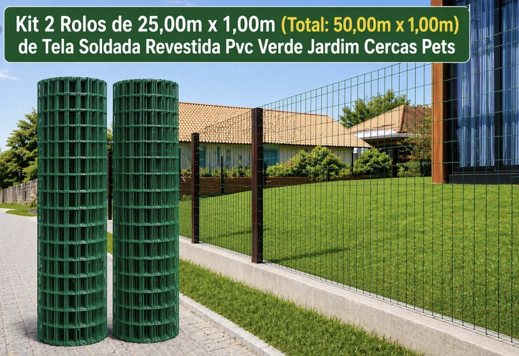 Kit 2 Rolos Tela Soldada Revestida Pvc Verde Total 50m X 1m — imagem 2